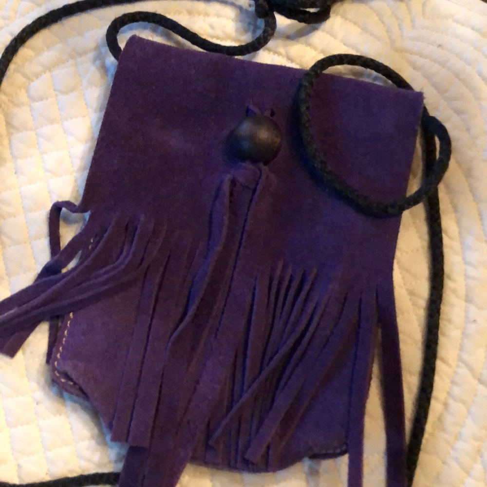 💜 Handmade Purple Suede mini crossbody fringe fold over front cute bag